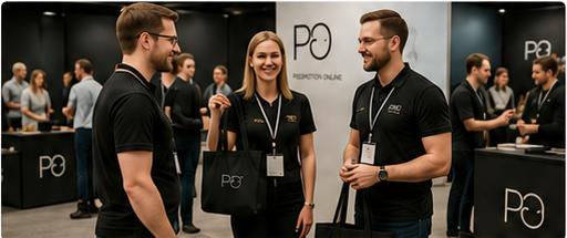 Eventteam med mässkit på mässa