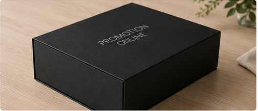 Svart premiumbox med Promotion Online märkning