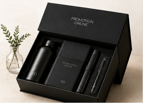 Premium eventkit med svart presentbox och profilerade produkter