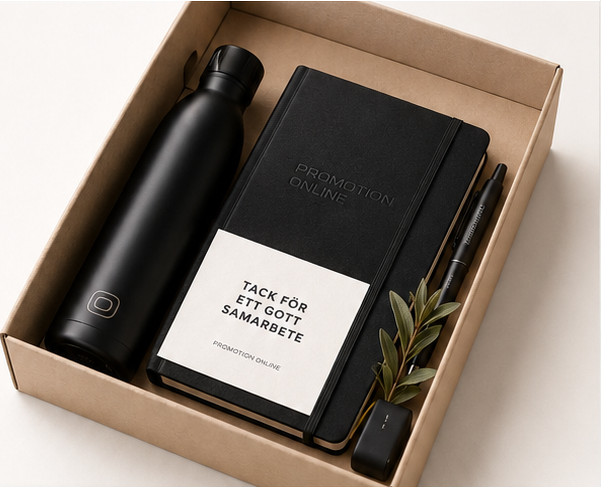 Säljkit i presentbox med flaska, anteckningsbok, tackkort och penna
