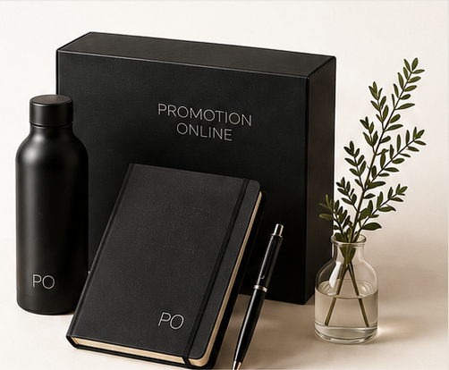 Premium säljkit med svart box, termosflaska, anteckningsbok och penna