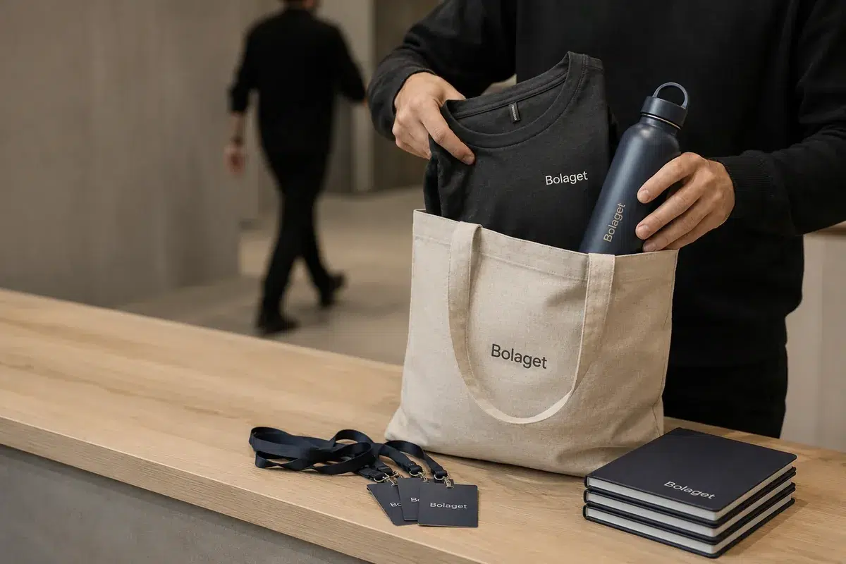 Person packar t-shirt och vattenflaska i en tygkasse vid mässdisken medan en kollega arbetar i bakgrunden