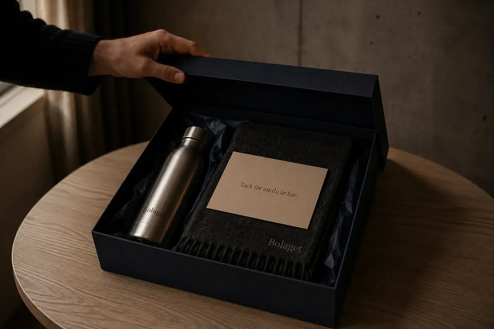 Hand öppnar ett premium eventkit i mörk presentbox med termos och kort på ett sidobord
