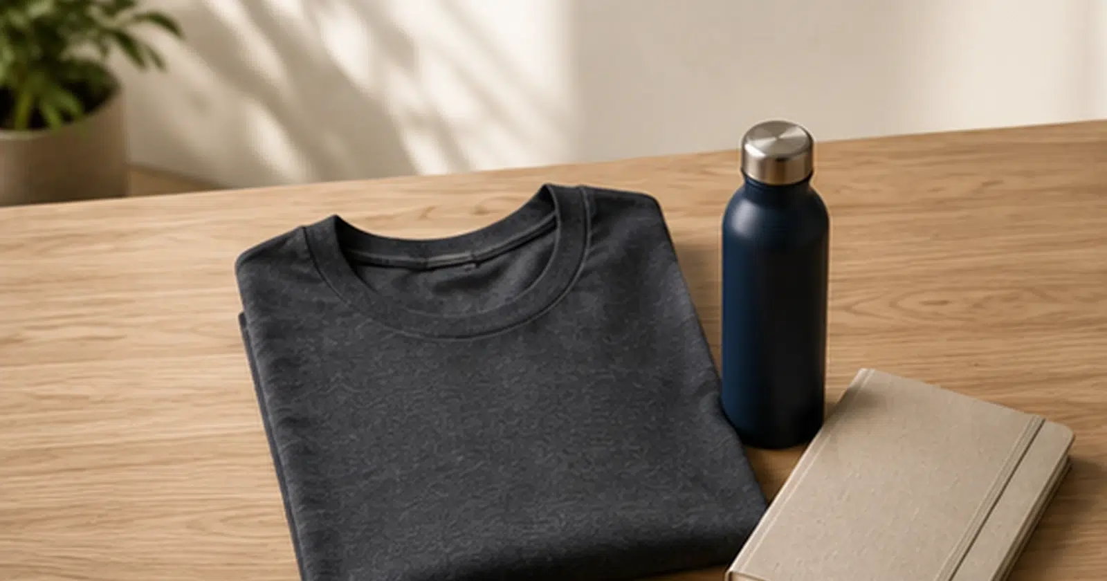 Startkit med mörk tröja, marinblå flaska och ljus anteckningsbok